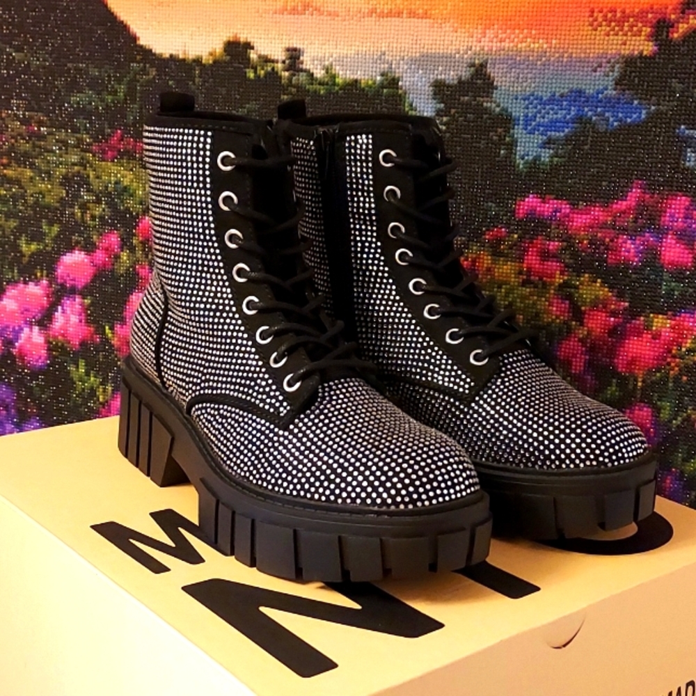 Womens Madden NYC Chunky Lug Combat Boots with Rhinestones